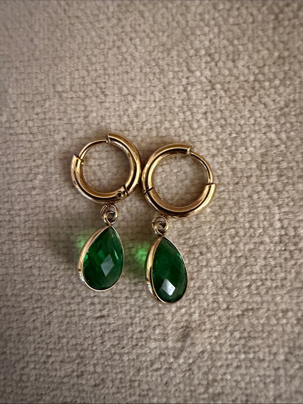 Gold Hoop Earrings with Green Teardrop Gem Dangles